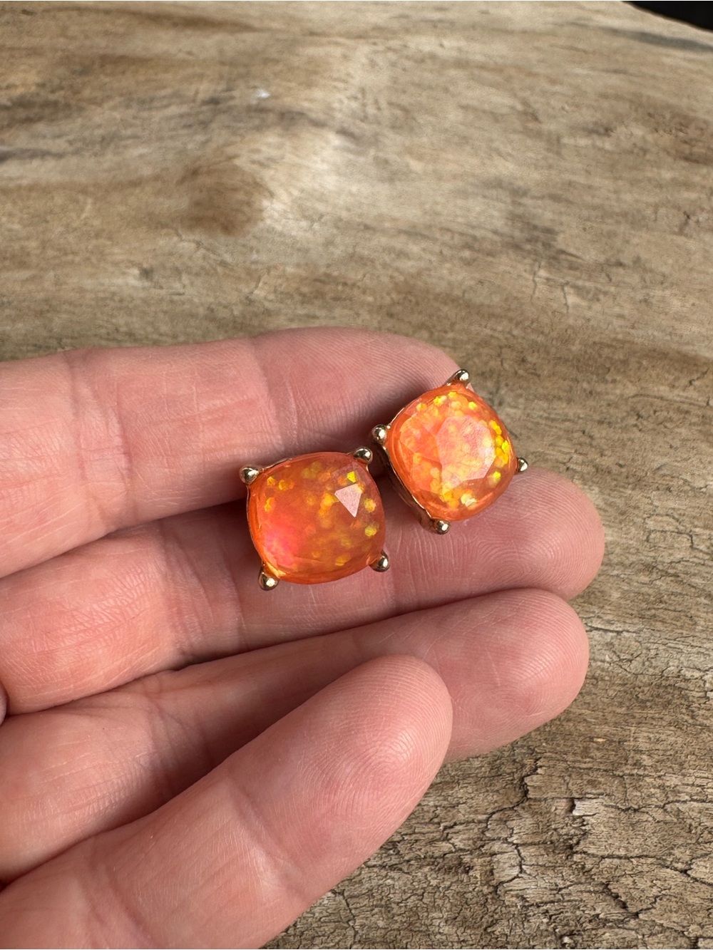 Gold-Tone Orange Stud Earrings - Vibrant Orange Opal Style